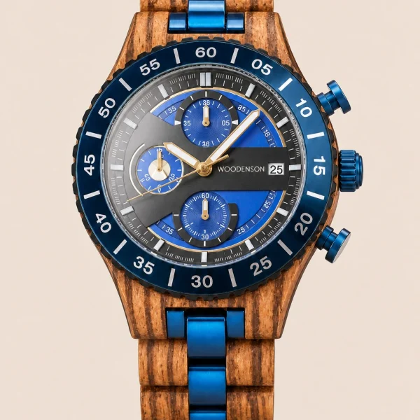 Norvik Ocean, reloj cronógrafo Woodenson de madera clara y detalles azules